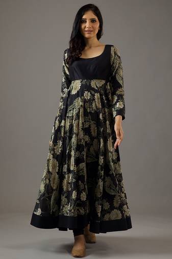 Black floral printed chanderi silk anarkali set