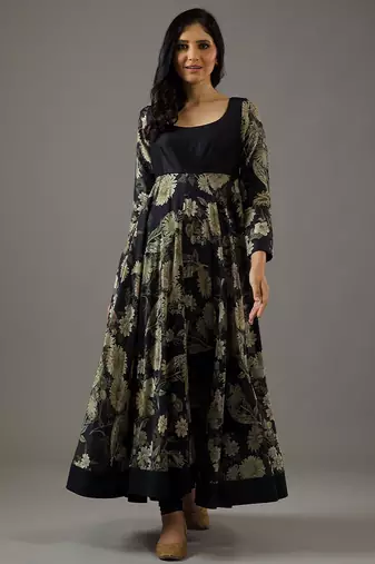 Black floral printed chanderi silk anarkali set
