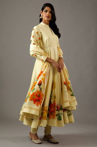 Yellow floral printed chanderi silk anarkali set