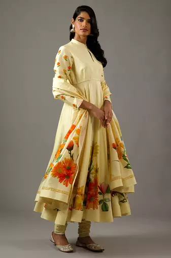 Yellow floral printed chanderi silk anarkali set