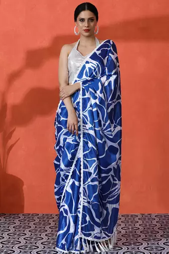 Blue chinon digital printed saree