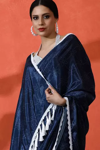 Blue chinon digital printed saree