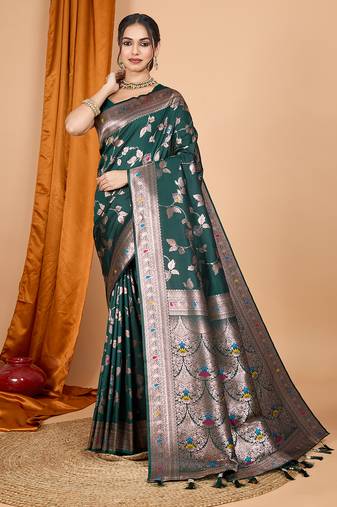 dark green banarasi silk blend meenakari zari weaving saree with tassels on pallu