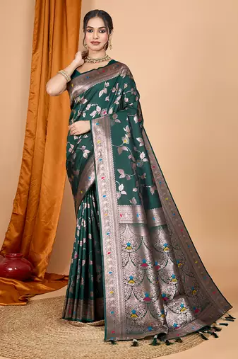 dark green banarasi silk blend meenakari zari weaving saree with tassels on pallu