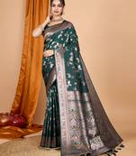 dark green banarasi silk blend meenakari zari weaving saree with tassels on pallu