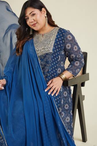 Janasya women's plus size dark blue georgette ajrakh printed embellished anarkali kurta set
