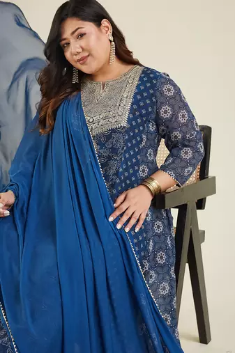 Janasya women's plus size dark blue georgette ajrakh printed embellished anarkali kurta set