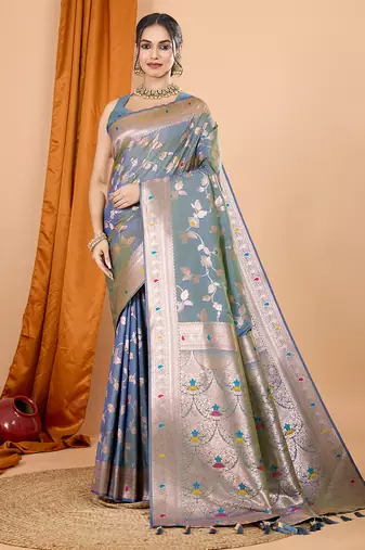 grey banarasi silk blend meenakari zari weaving saree with tassels on pallu