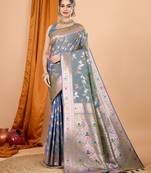 grey banarasi silk blend meenakari zari weaving saree with tassels on pallu