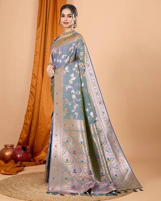 grey banarasi silk blend meenakari zari weaving saree with tassels on pallu 2