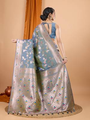 grey banarasi silk blend meenakari zari weaving saree with tassels on pallu 4