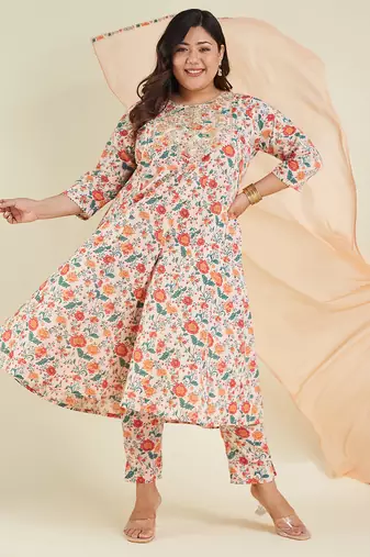 Janasya women's plus size peach pure cotton floral printed zari embroidered anarkali kurta set