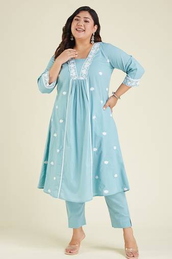 Janasya women's plus size light blue pure cotton embroidered a-line kurta pant set