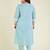Janasya women's plus size light blue pure cotton embroidered a-line kurta pant set