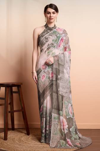 Peach faux georgette printed saree
