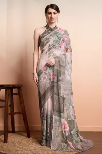Peach faux georgette printed saree