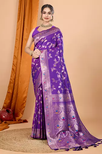 purple banarasi silk blend meenakari zari weaving saree with tassels on pallu