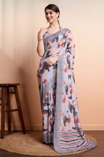 Grey faux georgette printed saree