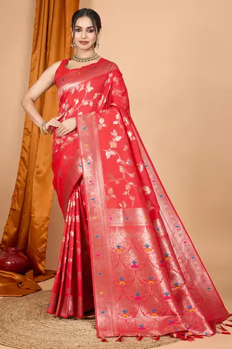 red banarasi silk blend meenakari zari weaving saree with tassels on pallu