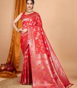 red banarasi silk blend meenakari zari weaving saree with tassels on pallu