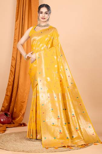 yellow banarasi silk blend meenakari zari weaving saree with tassels on pallu