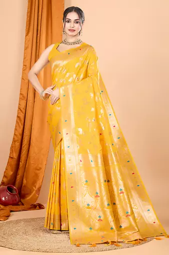 yellow banarasi silk blend meenakari zari weaving saree with tassels on pallu
