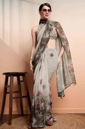 Silver faux georgette printed saree