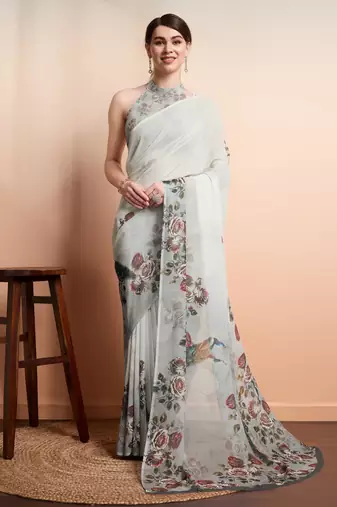 Grey faux georgette printed saree