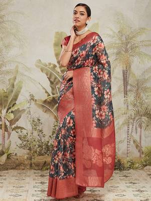 ready made green floral printed saree 1