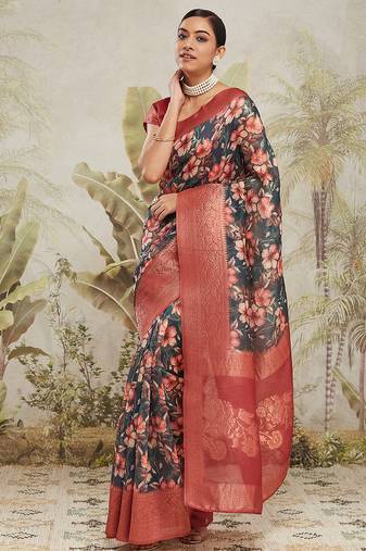 Green floral printed ready to wear saree