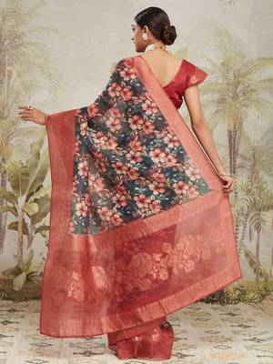 ready made green floral printed saree 2