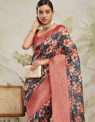 ready made green floral printed saree 3