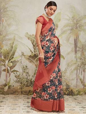 ready made green floral printed saree 4
