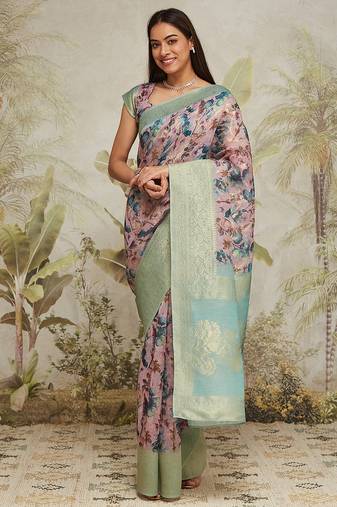 Peach floral printed ready to wear saree
