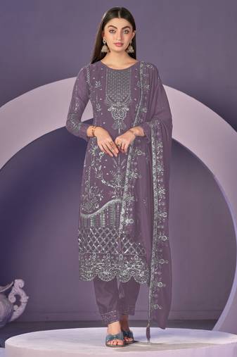 Lavender color embroideried faux georgette semi stitched salwar suit