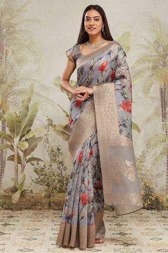 Grey floral printed ready to wear saree