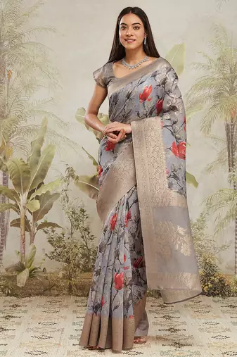 Grey floral printed ready to wear saree