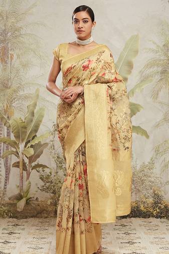 Yellow floral printed ready to wear saree