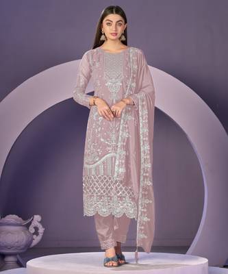 Dusty pink color embroideried faux georgette semi stitched salwar suit 1