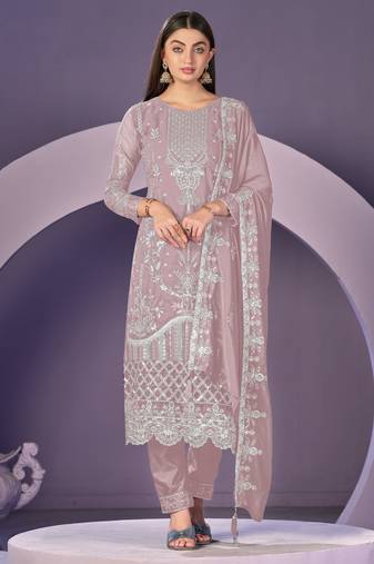 Dusty pink color embroideried faux georgette semi stitched salwar suit