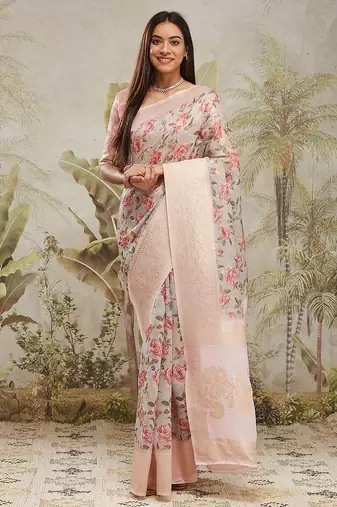 Grey jacquard silk blend ready to wear saree