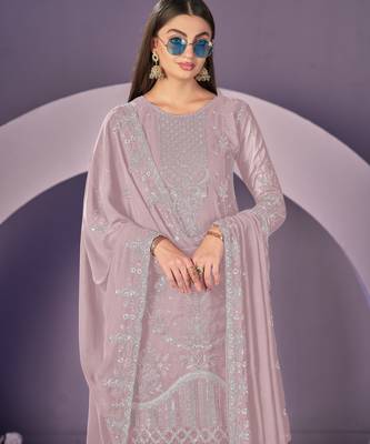 Dusty pink color embroideried faux georgette semi stitched salwar suit 3