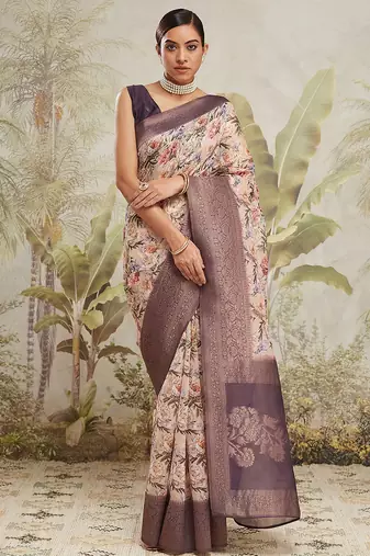 Cream jacquard silk blend ready to wear saree