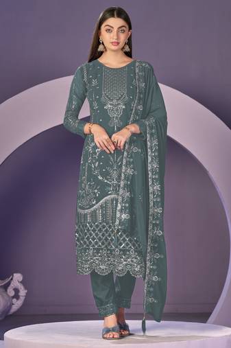Dusty mint color embroideried faux georgette semi stitched salwar suit