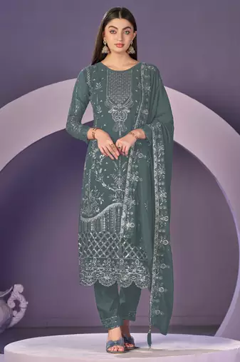 Dusty mint color embroideried faux georgette semi stitched salwar suit