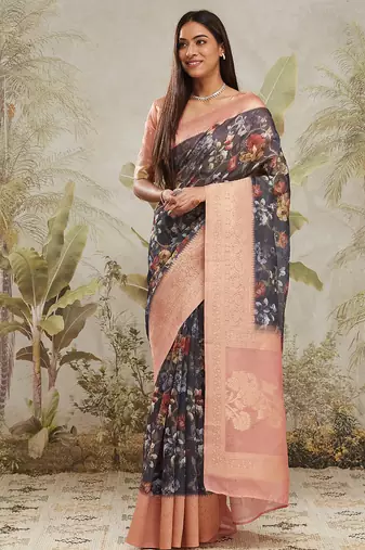 Navy blue jacquard silk blend ready to wear saree