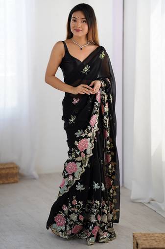 Black floral embroidered sequins work saree