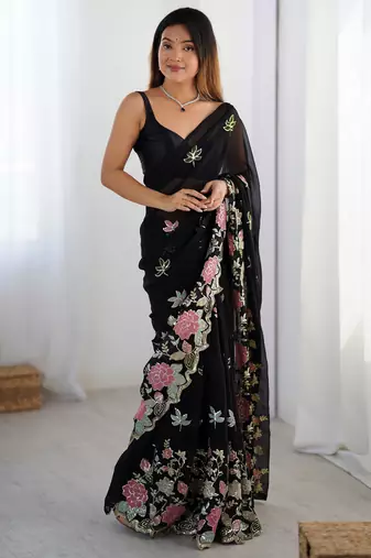 Black floral embroidered sequins work saree