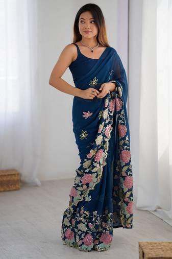 Blue floral embroidered sequins work saree