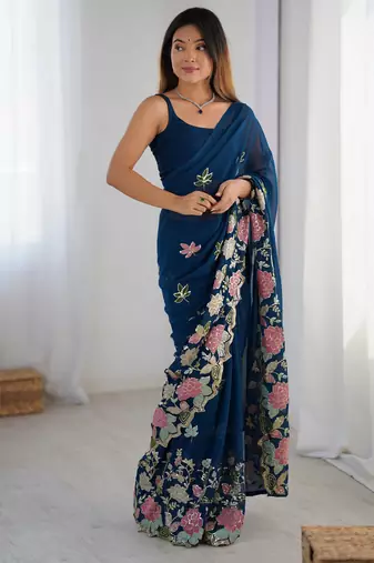 Blue floral embroidered sequins work saree